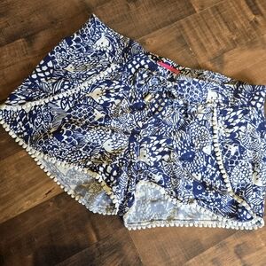 Lilly Pulitzer Blue White Tropical Fish Pom-Pom Shorts [XS] Preppy Resortwear